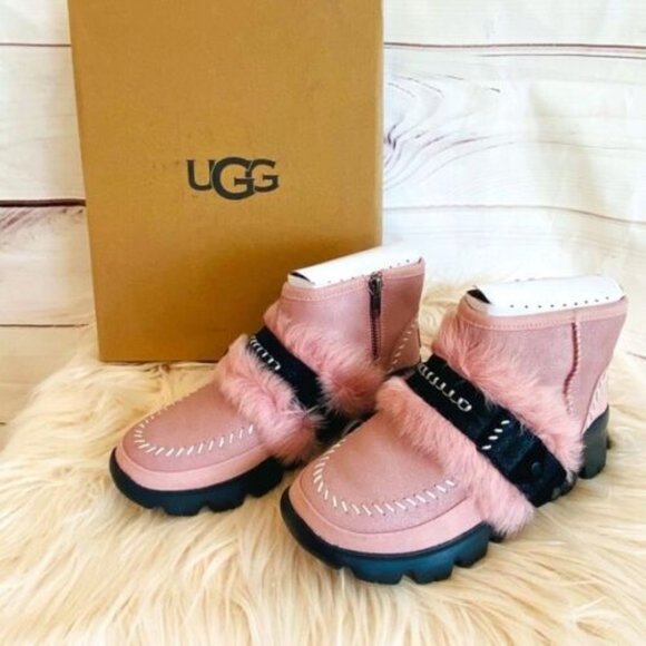 UGG Fluff Punk UGGPure & Lamb Fur Suede Ankle Boots sz 5 pink - Picture 2 of 5